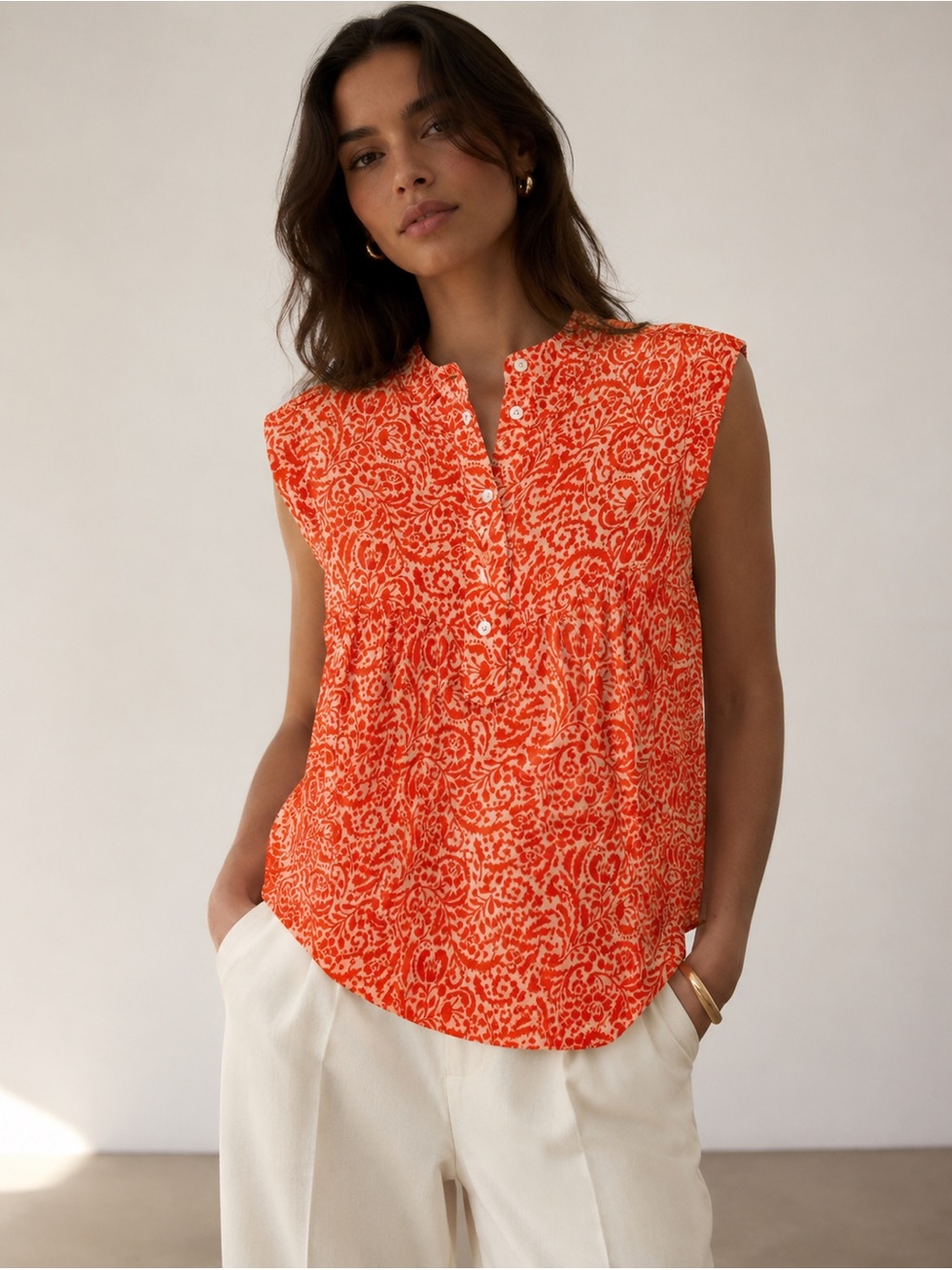 NWOT Dèluc Orange Cream Paisley 100% Cotton Sleeveless Blouse